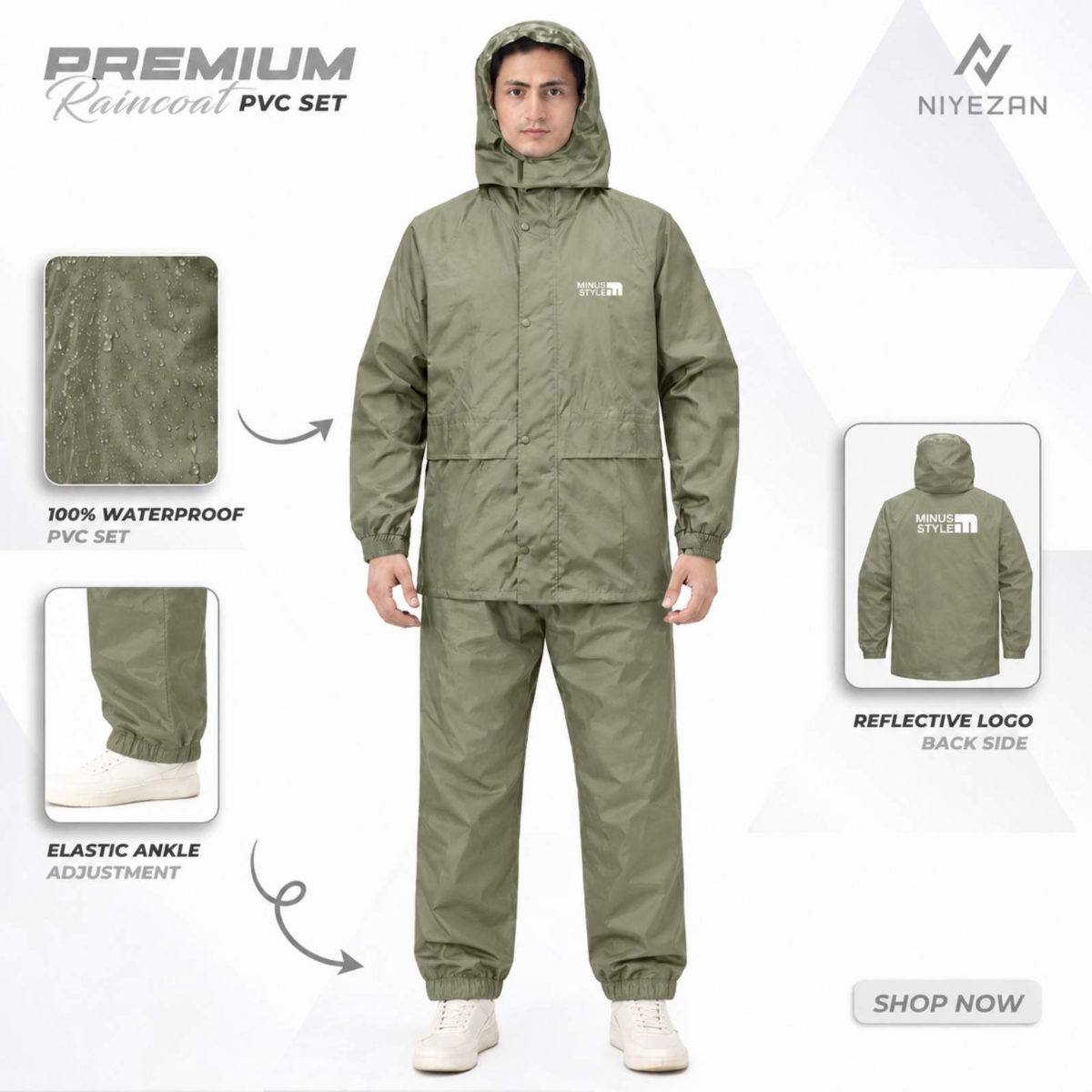 Full Velcro - 100% Water Proof Raincoat (PU Coated) with Seam Sealing - Olive