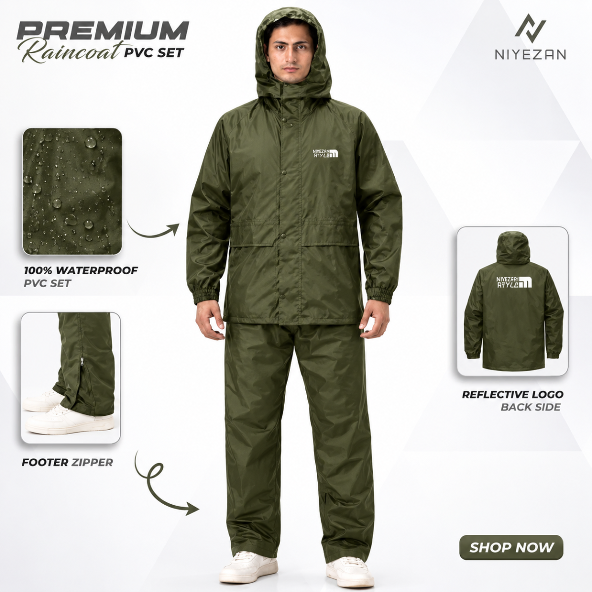 Full Velcro - 100% Water Proof Raincoat (PU Coated) with Seam Sealing - Dark Green
