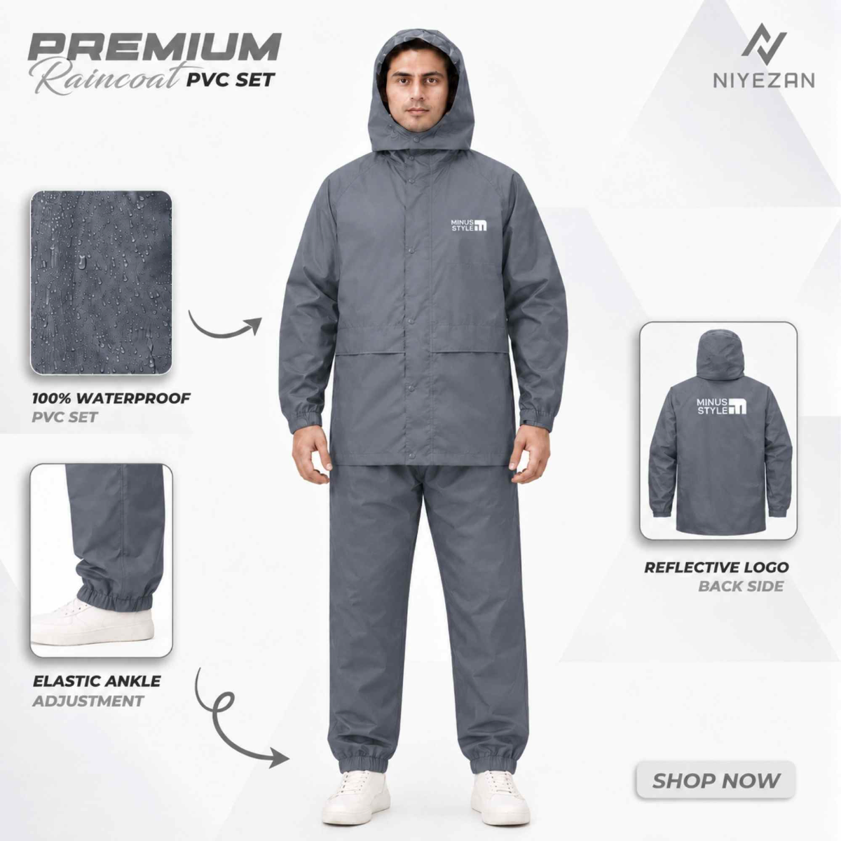 Full Velcro - 100% Water Proof Raincoat (PU Coated) with Seam Sealing - Gray