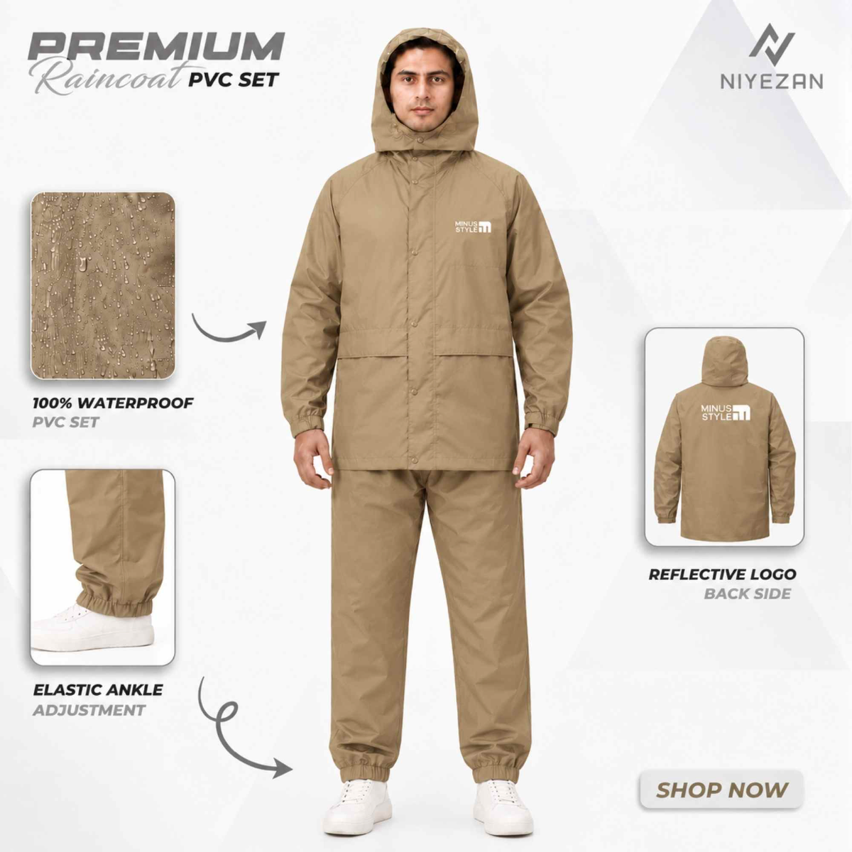 Full Velcro - 100% Water Proof Raincoat (PU Coated) with Seam Sealing - Biscuit 