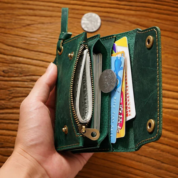 Genuine Top-Grain Cowhide Card Holder – Handmade Crazy Horse Leather Minimalist Zipper Wallet