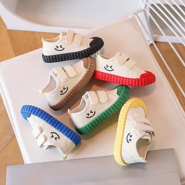 Kids Velcro Canvas Sneakers with Red Rubber Sole & Smiley Design