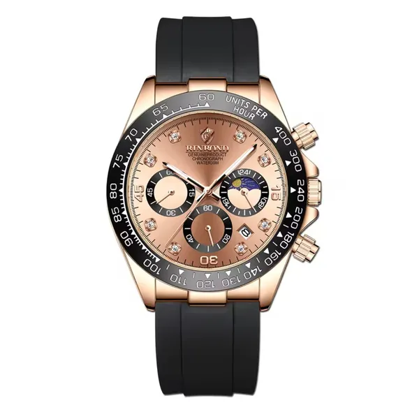 Men’s Chronograph Watch – Rose Gold Dial with Black Silicone Strap