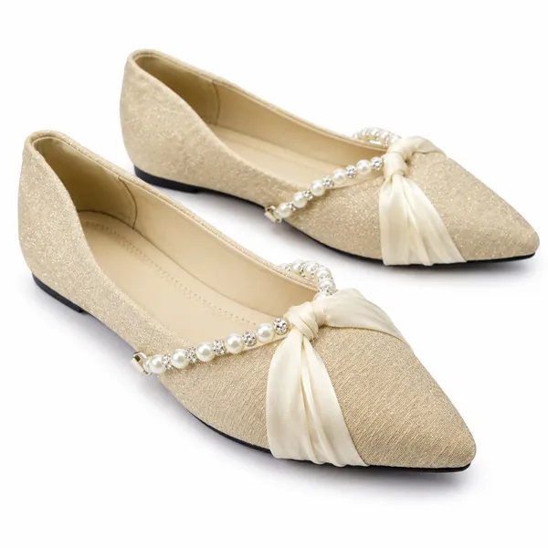 Liora Pearl Bow Pointed-Toe Flats – Beige