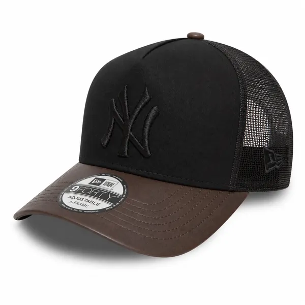 Premium Leather Black NY Embroidered Trucker Cap