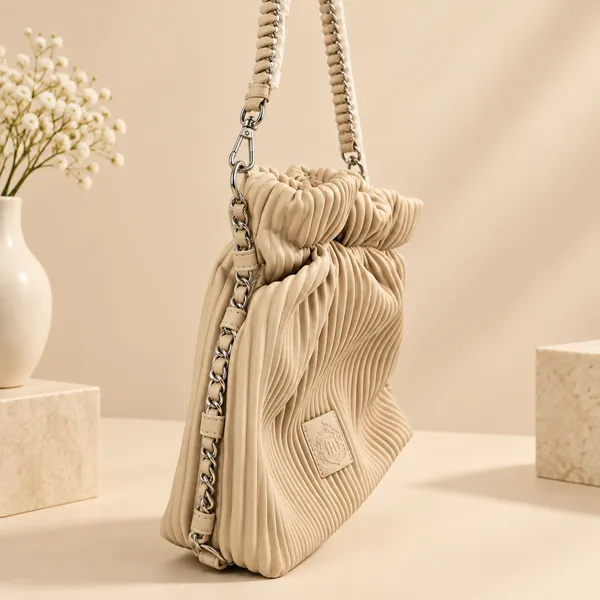 Luxury Beige Pleated Chain Shoulder Bag – Imported Premium Women’s Handbag