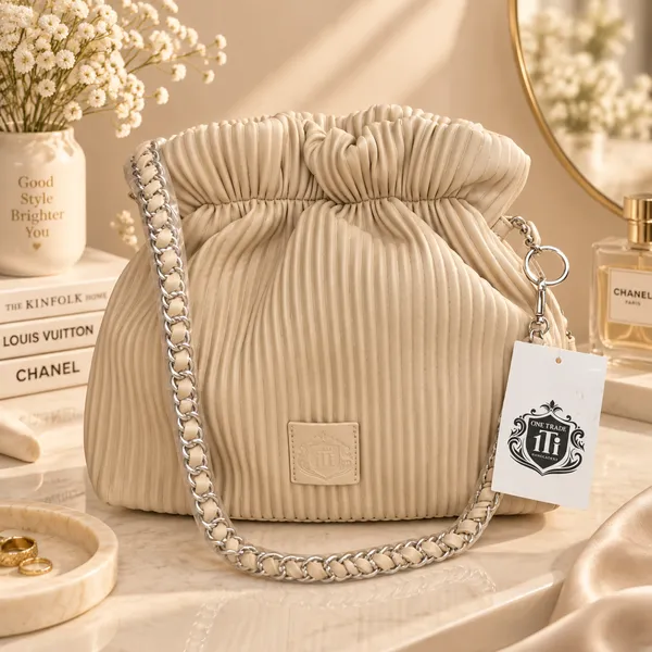Luxury Beige Pleated Chain Shoulder Bag – Imported Premium Women’s Handbag