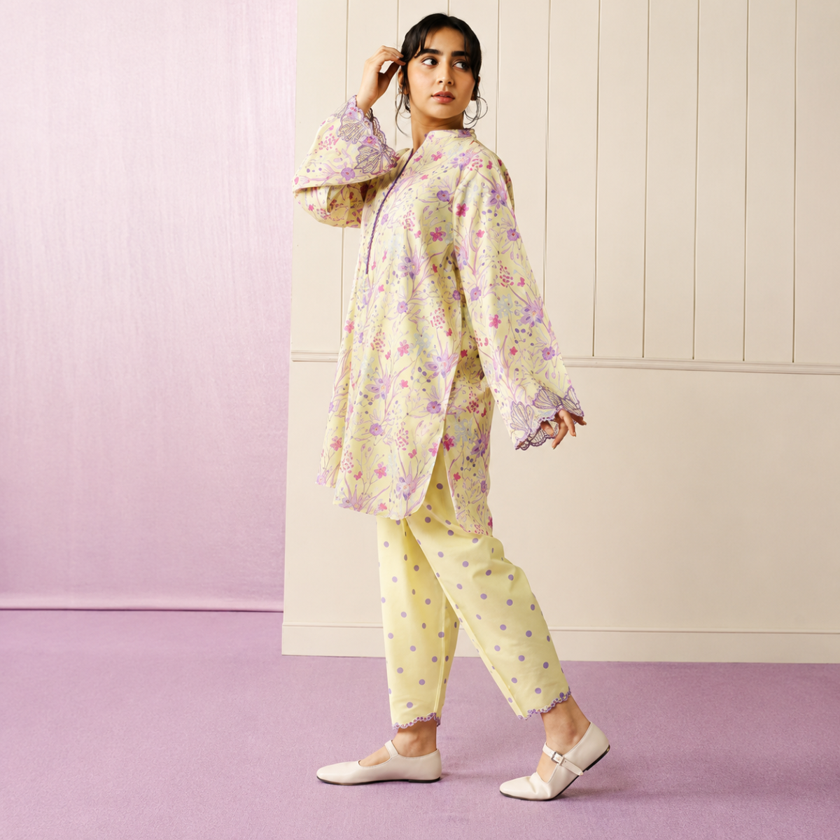 COCO BY ZARASHAHJAHAN | A LOOSE-FIT  KURTA, CONTRASTING EMBROIDERY, POLKA-DOT CROPPED SHALWAR