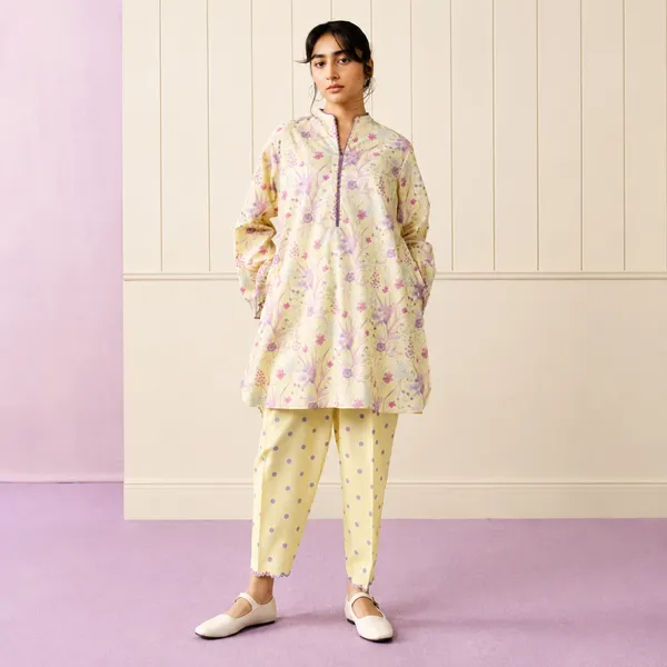 COCO BY ZARASHAHJAHAN | A LOOSE-FIT  KURTA, CONTRASTING EMBROIDERY, POLKA-DOT CROPPED SHALWAR
