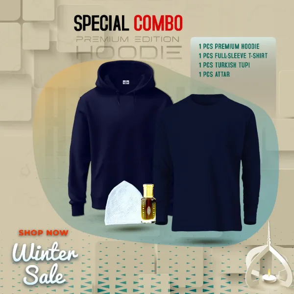 “1 Premium Hoodie, 1 Premium Full-Sleeve T-Shirt, 1 Cap, 1 Attar (Combo Pack)”