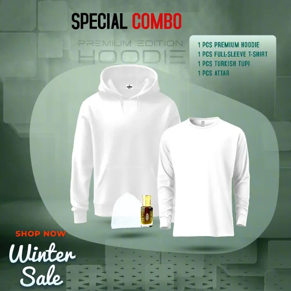 “1 Premium Hoodie, 1 Premium Full-Sleeve T-Shirt, 1 Cap, 1 Attar (Combo Pack)”
