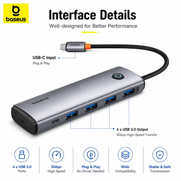 Baseus UltraJoy Series 4-Port HUB AIR USB-C Docking Station | 4 USB 3.0 Ports | 5Gbps High-Speed Data Transfer | Aluminum Alloy Hub | Plug & Play