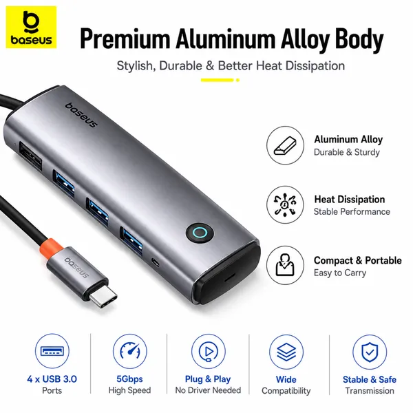 Baseus UltraJoy Series 4-Port HUB AIR USB-C Docking Station | 4 USB 3.0 Ports | 5Gbps High-Speed Data Transfer | Aluminum Alloy Hub | Plug & Play