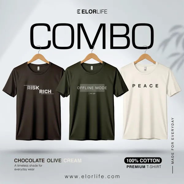 Men's Premium Mocha brown, Olive, Cream T-shirt 3-pcs Combo
