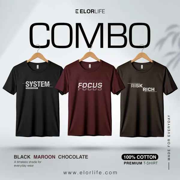 Men's Premium Black, Meroon, Mocha brown T-shirt 3-pcs Combo