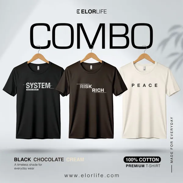 Men's Premium Black, Mocha brown, Cream T-shirt 3-pcs Combo