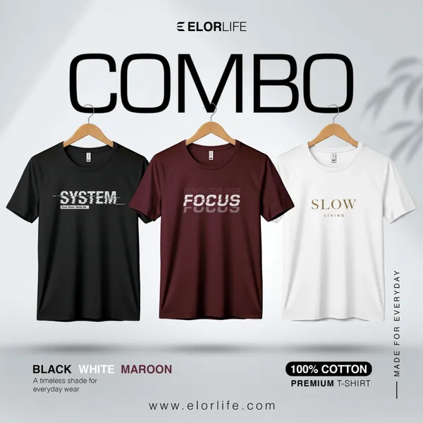 Men's Premium Black, Meroon, White T-shirt 3-pcs Combo
