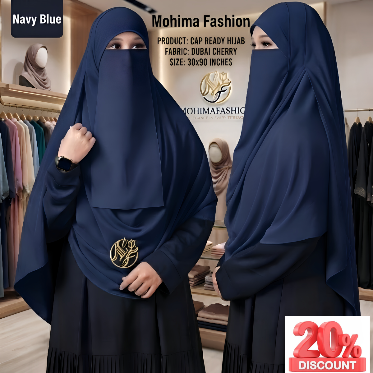 প্রিমিয়াম কেপ রেডি নিকাব হিজাব ৩০/৯০ইঞ্চি Colour_Naby Blue