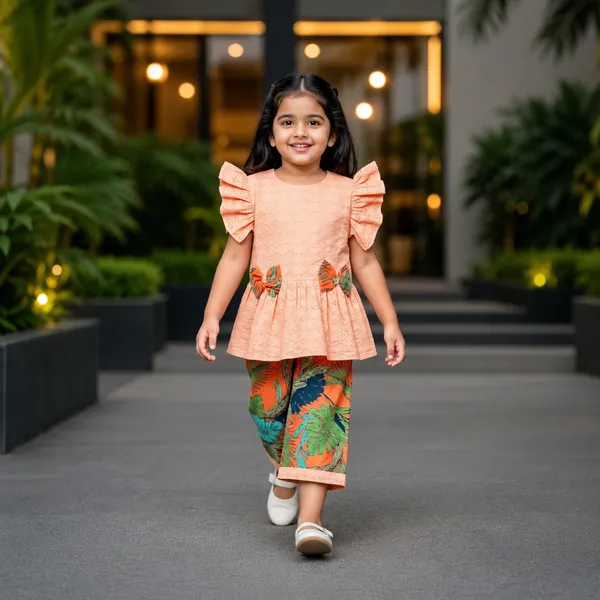 Peach Ruffle Top with Tropical Printed Pants Set for Girls