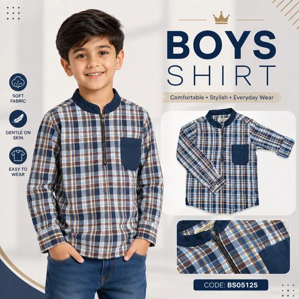 Boys Check Shirt with Navy Collar & Pocket – 2-8 Years