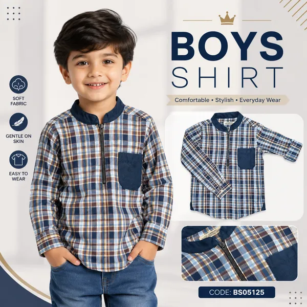 Boys Check Shirt with Navy Collar & Pocket – 2-8 Years
