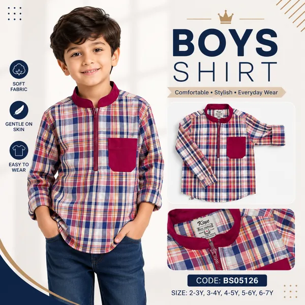Boys Red Navy Check Shirt with Zipper