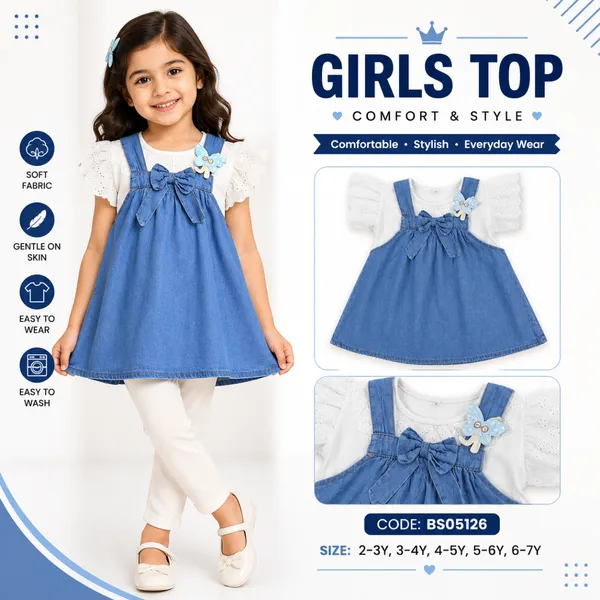 Blue Denim Pinafore Girls Dress – 2-8 Years