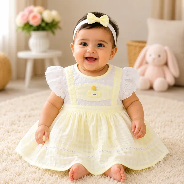 Baby Girl Lemon Yellow Frock Set 6M to 2Y – Soft Mixed Cotton Dress