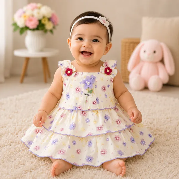Baby Girl Cream Printed Frock Set 6M to 2Y – Cotton Dress with Attached Inner