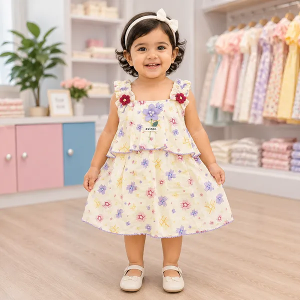 Baby Girl Cream Printed Frock Set 6M to 2Y – Cotton Dress with Attached Inner