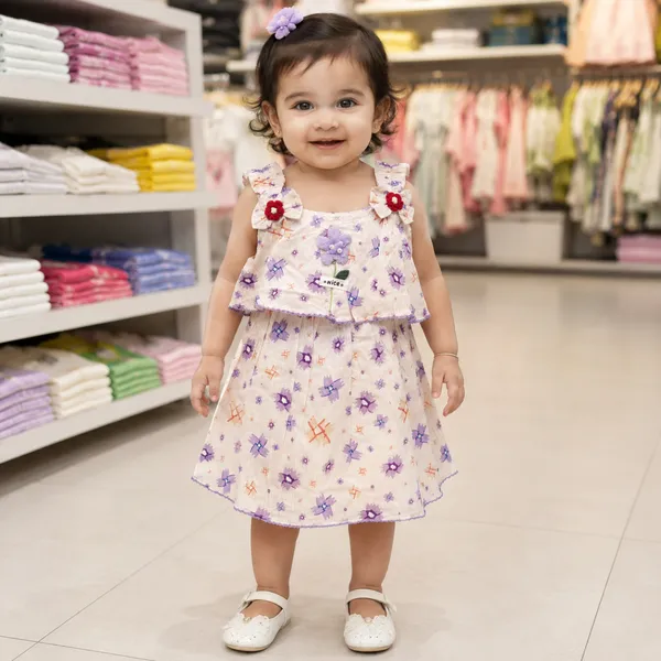 Baby Girl Light Peach Printed Frock Set 6M to 2Y – Cotton Dress with Attached Inner
