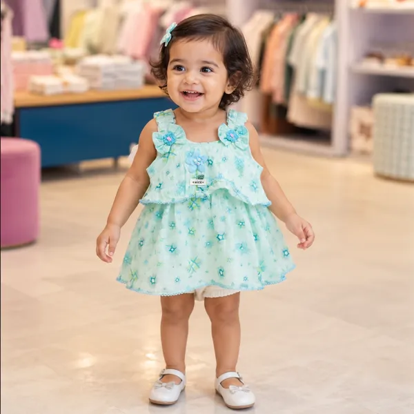 Baby Girl Aqua Green Printed Frock Set 6M to 2Y – Cotton Dress with Attached Inner