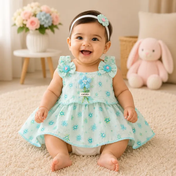 Baby Girl Aqua Green Printed Frock Set 6M to 2Y – Cotton Dress with Attached Inner
