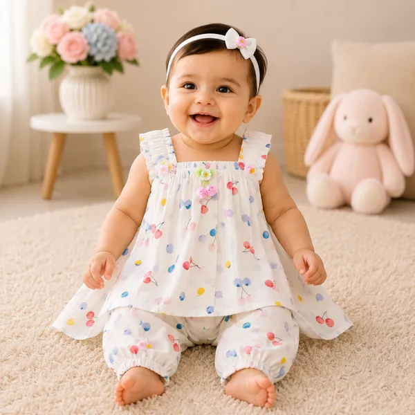 Baby Girl Multicolor Printed Frock Set 6M to 1Y – Cotton Dress with Attached Inner & Salwar
