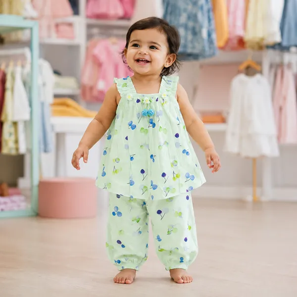 Baby Girl Light Mint Green Printed Frock Set 6M to 1Y – Cotton Dress with Attached Inner & Salwar