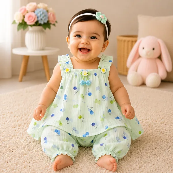 Baby Girl Light Mint Green Printed Frock Set 6M to 1Y – Cotton Dress with Attached Inner & Salwar