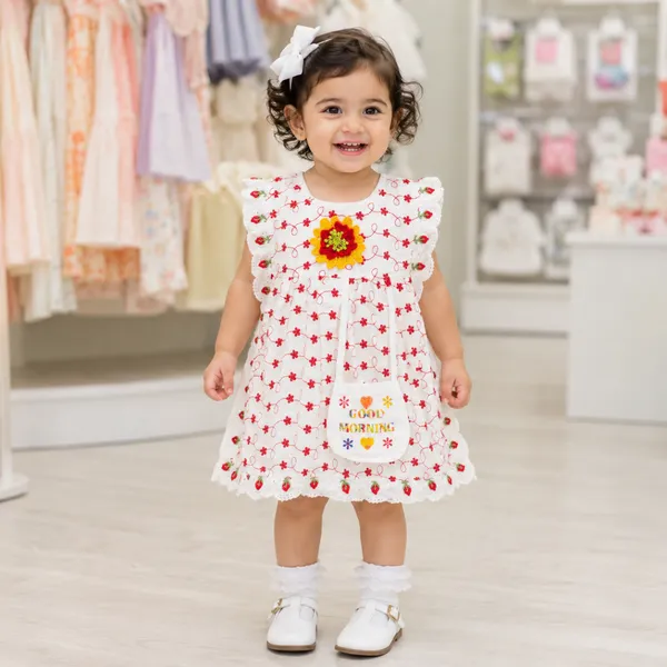 Baby Girl White Red Floral Kaftan Frock Set 6M to 2Y – Cotton Dress with Attached Bag