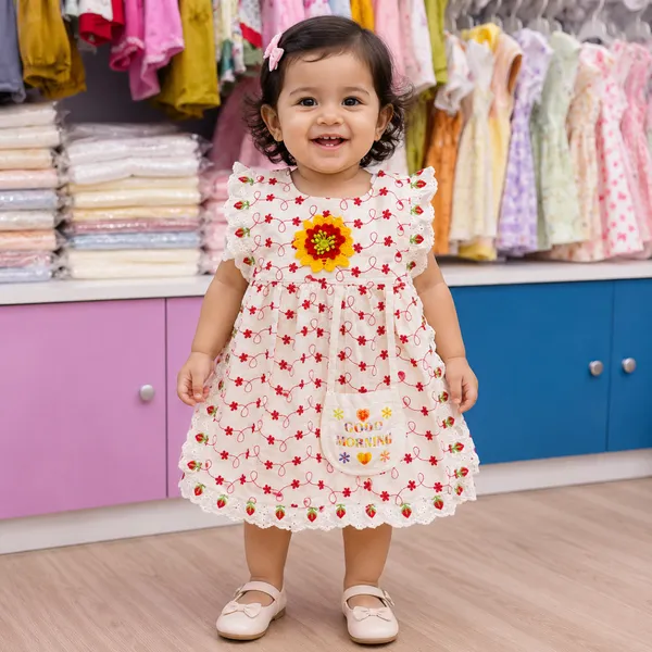 Baby Girl Cream Red Floral Kaftan Frock Set 6M to 2Y – Cotton Dress with Attached Bag