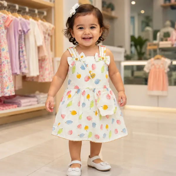 Baby Girl Fruit Print Frock Set 6M to 2Y – Cotton Dress with Attached Bag