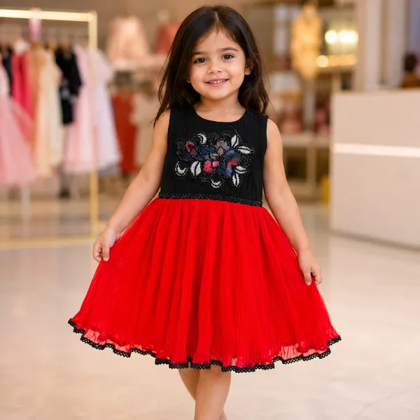 Product Name: Baby Girl Red Black Party Wear Frock Set 2Y to 4Y – Georgette Gorgeous Dress with Black Lace