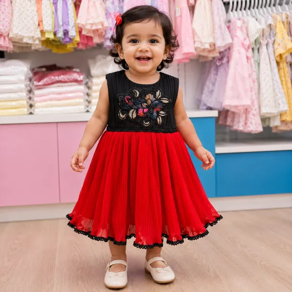 Product Name: Baby Girl Red Black Party Wear Frock Set 2Y to 4Y – Georgette Gorgeous Dress with Black Lace
