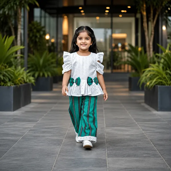 White Ruffle Top with Green Striped Pants Set for Girls