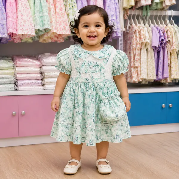 Baby Girl Mint Green Printed Frock Set – Soft Cotton Dress with Attached Bag