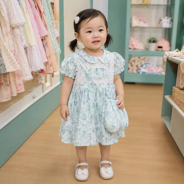 Baby Girl Mint Green Printed Frock Set – Soft Cotton Dress with Attached Bag