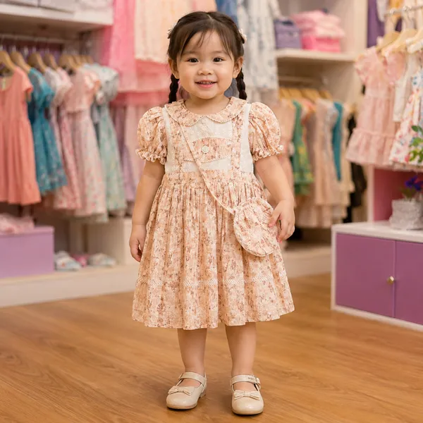 Baby Girl Peach Printed Frock Set with Mini Bag 2Y to 4Y – Soft Cotton Dress