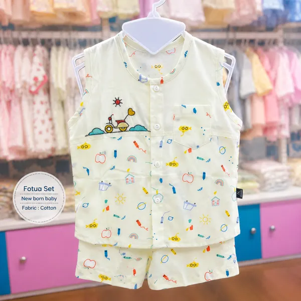 Newborn Baby Cream Printed Fotua Set – Soft Cotton Top & Shorts