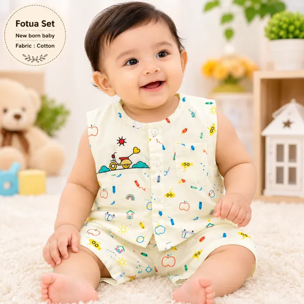 Newborn Baby Cream Printed Fotua Set – Soft Cotton Top & Shorts