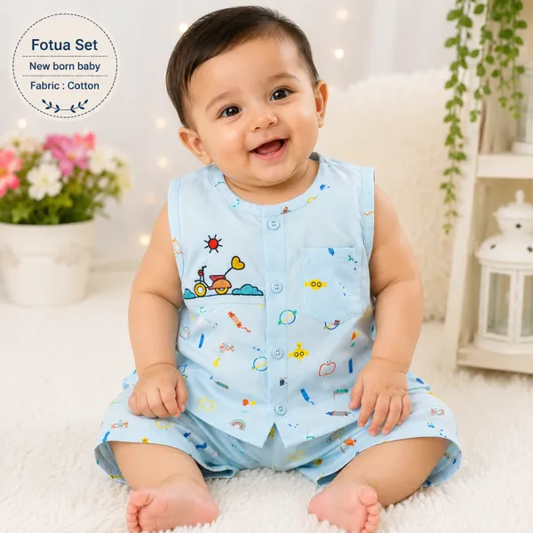 Newborn Baby Sky Blue Printed Fotua Set – Soft Cotton Top & Shorts