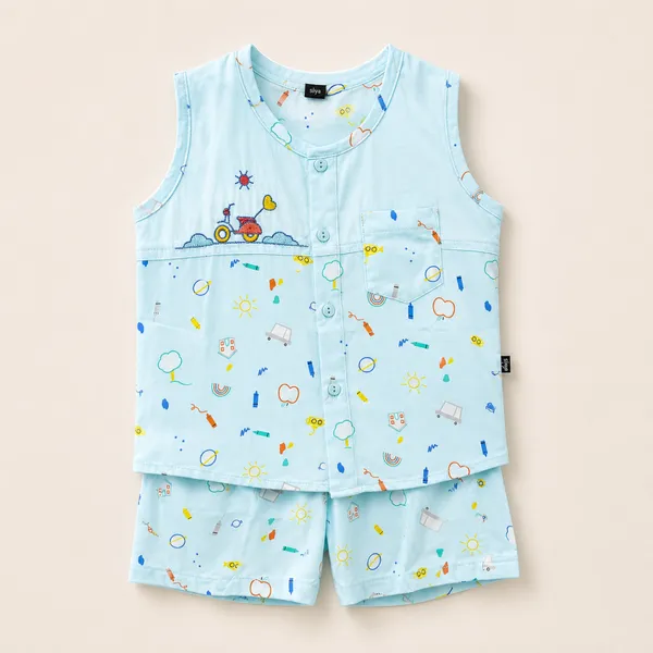 Newborn Baby Sky Blue Printed Fotua Set – Soft Cotton Top & Shorts