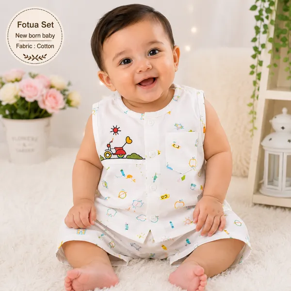 Newborn Baby White Printed Fotua Set – Soft Cotton Top & Shorts